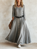 Women's Classic Grey V-neck Long-sleeve Cotton Maxi Dress (belt Included) ZMZ1794I1SWL