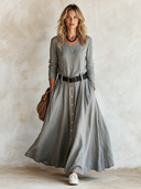 Women's Classic Grey V-neck Long-sleeve Cotton Maxi Dress (belt Included) ZMZ1794I1SWL