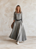 Women's Classic Grey V-neck Long-sleeve Cotton Maxi Dress (belt Included) ZMZ1794I1SWL