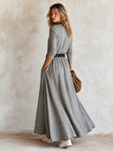 Women's Classic Grey V-neck Long-sleeve Cotton Maxi Dress (belt Included) ZMZ1794I1SWL