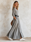 Women's Classic Grey V-neck Long-sleeve Cotton Maxi Dress (belt Included) ZMZ1794I1SWL