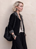 Women's Stylish Black Suede And Leopard Print Panel Zip-Up Jacket ZMZ1768I7SWL