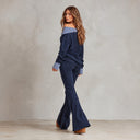 Women's Casual Striped Cold-Shoulder "Faux-Layered" Sweatshirt And Flared Pants Set ZMZ1830I3XT
