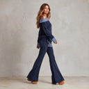 Women's Casual Striped Cold-Shoulder "Faux-Layered" Sweatshirt And Flared Pants Set ZMZ1830I3XT