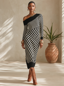 Women's French-style Elegant Black And White Striped Off-shoulder Long-sleeve Knit Midi Dress ZMZ1780I8ZYY