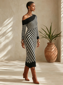 Women's French-style Elegant Black And White Striped Off-shoulder Long-sleeve Knit Midi Dress ZMZ1780I8ZYY