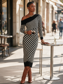 Women's French-style Elegant Black And White Striped Off-shoulder Long-sleeve Knit Midi Dress ZMZ1780I8ZYY