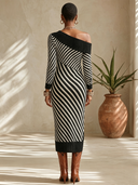 Women's French-style Elegant Black And White Striped Off-shoulder Long-sleeve Knit Midi Dress ZMZ1780I8ZYY