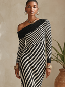 Women's French-style Elegant Black And White Striped Off-shoulder Long-sleeve Knit Midi Dress ZMZ1780I8ZYY