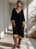 Women's Vintage Bohemian Velvet-Panelled Tassel V-Neck Loose Midi Dress ZMZ1710I7ZYY