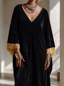 Women's Vintage Bohemian Velvet-Panelled Tassel V-Neck Loose Midi Dress ZMZ1710I7ZYY