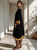 Women's Vintage Bohemian Velvet-Panelled Tassel V-Neck Loose Midi Dress ZMZ1710I7ZYY