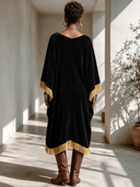 Women's Vintage Bohemian Velvet-Panelled Tassel V-Neck Loose Midi Dress ZMZ1710I7ZYY