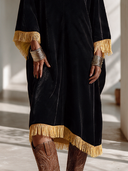 Women's Vintage Bohemian Velvet-Panelled Tassel V-Neck Loose Midi Dress ZMZ1710I7ZYY