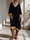 Women's Vintage Bohemian Velvet-Panelled Tassel V-Neck Loose Midi Dress ZMZ1710I7ZYY