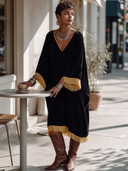 Women's Vintage Bohemian Velvet-Panelled Tassel V-Neck Loose Midi Dress ZMZ1710I7ZYY