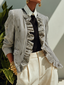 Women's Vintage-Style Elegant Black And White Vertical-Stripe Ruffled Jacket ZMZ1879I3ZYY