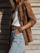 Women's Retro Casual Western Style Leopard Print Fringed Lapel Shirt Jacket ZMZ1895I3ZJY