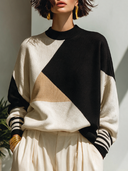 Women's Classic Casual Loose-Fit Turtleneck Long-Sleeve Sweater With Multicolor Color-Blocking ZMZ1880I3ZYY