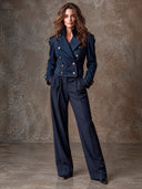 Women's Minimalist Navy Double-breasted Military-style Cropped Jacket ZMZ1882I4XT