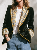 Women's Vintage-style Elegant Velvet Blazer Featuring A Single-breasted Design And Plaid-paneled Collar And Cuffs ZMZ1895I0ZYY