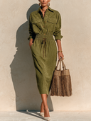 Women's Olive Green Long Sleeve Utility Shirt Midi Dress With Pockets ZMZ1845I1YZH