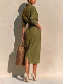 Women's Olive Green Long Sleeve Utility Shirt Midi Dress With Pockets ZMZ1845I1YZH