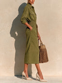 Women's Olive Green Long Sleeve Utility Shirt Midi Dress With Pockets ZMZ1845I1YZH