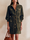 Women's Olive Faux Suede Safari Shirt Dress With Drawstring Waist ZMZ1824I7YZH