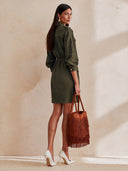 Women's Olive Faux Suede Safari Shirt Dress With Drawstring Waist ZMZ1824I7YZH