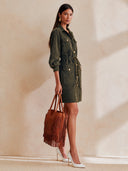 Women's Olive Faux Suede Safari Shirt Dress With Drawstring Waist ZMZ1824I7YZH