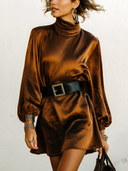 Women's Fashion Acetate Satin High-Neck Long-Sleeve Mini Dress (Belt Included) ZMZ1860I8SWL