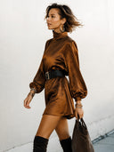 Women's Fashion Acetate Satin High-Neck Long-Sleeve Mini Dress (Belt Included) ZMZ1860I8SWL