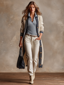 Women's Retro Casual Color Block Striped Trim Long Ribbed Knit Cardigan ZMZ1822I5XT