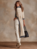 Women's Retro Casual Color Block Striped Trim Long Ribbed Knit Cardigan ZMZ1822I5XT