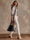 Women's Retro Casual Color Block Striped Trim Long Ribbed Knit Cardigan ZMZ1822I5XT