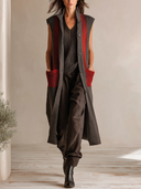 Women's Long Knit Vest Stand Collar Sleeveless Color Block Striped Button Down Waistcoat With Pockets Casual Layering Gilet For Fall ZMZ1860I0YZH