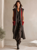 Women's Long Knit Vest Stand Collar Sleeveless Color Block Striped Button Down Waistcoat With Pockets Casual Layering Gilet For Fall ZMZ1860I0YZH