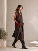 Women's Long Knit Vest Stand Collar Sleeveless Color Block Striped Button Down Waistcoat With Pockets Casual Layering Gilet For Fall ZMZ1860I0YZH