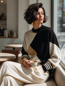 Women's Classic Casual Loose-Fit Turtleneck Long-Sleeve Sweater With Multicolor Color-Blocking ZMZ1880I3ZYY