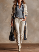 Women's Retro Casual Color Block Striped Trim Long Ribbed Knit Cardigan ZMZ1822I5XT
