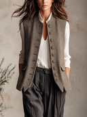 Women's Houndstooth Vest Stand Collar Sleeveless Waistcoat Multi Button Irregular Hem Pocket Vintage Layering Gilet For Fall ZMZ1826I7YZH