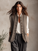 Women's Houndstooth Vest Stand Collar Sleeveless Waistcoat Multi Button Irregular Hem Pocket Vintage Layering Gilet For Fall ZMZ1826I7YZH