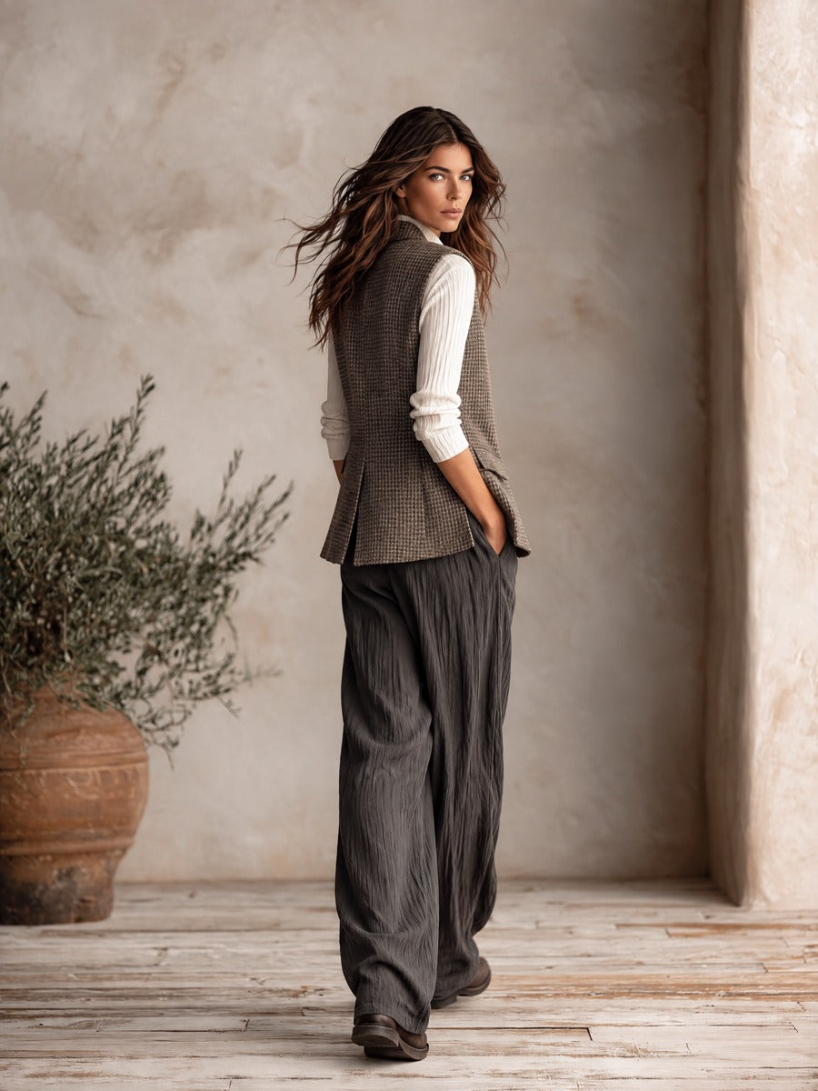 Women's Houndstooth Vest Stand Collar Sleeveless Waistcoat Multi Button Irregular Hem Pocket Vintage Layering Gilet For Fall ZMZ1826I7YZH
