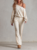 Women's Sporty Casual Off-Shoulder Loose Sweatshirt And Flared Pants Two-Piece Set ZMZ1849I3XT