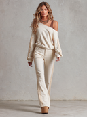 Women's Sporty Casual Off-Shoulder Loose Sweatshirt And Flared Pants Two-Piece Set ZMZ1849I3XT