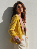 Women's French-style Elegant Single-breasted Color-Block Corduroy Blazer With Pink Velvet Lapel ZMZ1891I3ZYY