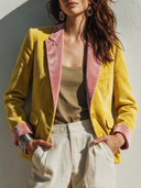 Women's French-style Elegant Single-breasted Color-Block Corduroy Blazer With Pink Velvet Lapel ZMZ1891I3ZYY