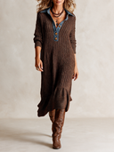 Women's Casual Denim-Collar Ribbed Knit Midi Dress ZMZ1715I1XT