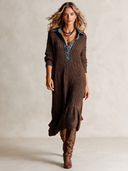 Women's Casual Denim-Collar Ribbed Knit Midi Dress ZMZ1715I1XT